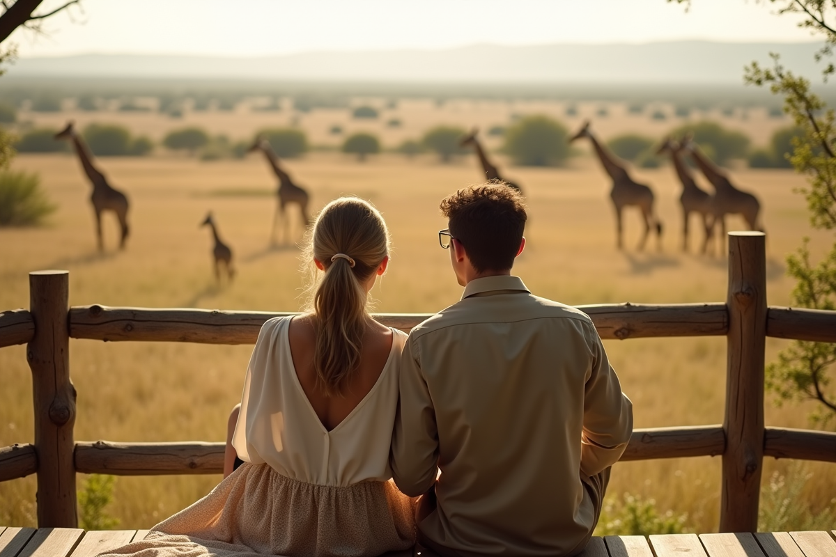 Couple en safari regardant la savane avec girafes en arrière-plan