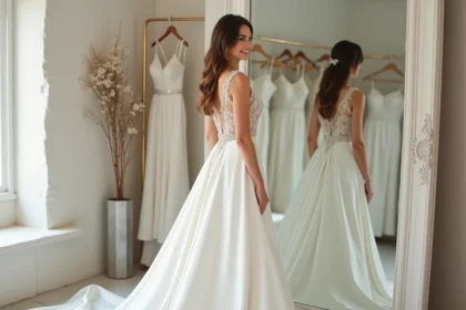 Femme souriante dans sa robe de mariée 2026 devant un miroir