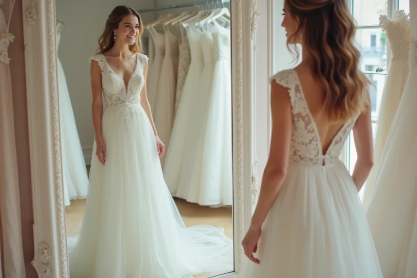 Jeune femme admirant sa robe de mariage à Paris