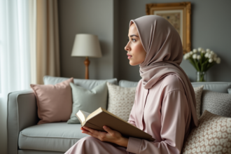 Jeune femme en hijab regardant par la fenêtre dans un salon