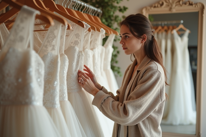 Jeune femme touchant une dentelle de robe de mariage dans une boutique
