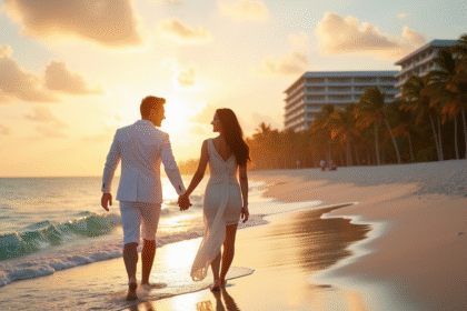 Jeune couple marié marche sur la plage tropicale au coucher du soleil