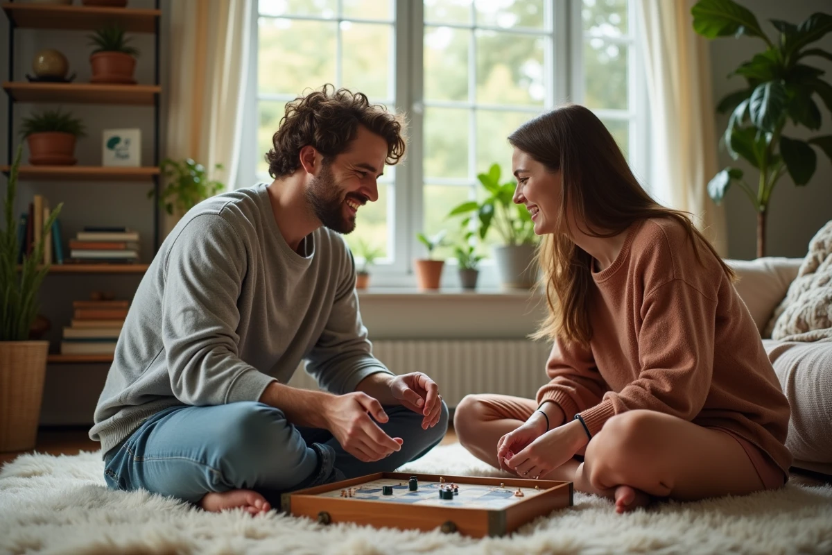 Couple jouant à un jeu de société dans leur salon cosy