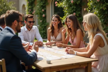Groupe d'invités de mariage élégants jouant à un jeu de cartes en plein air dans un jardin de château français