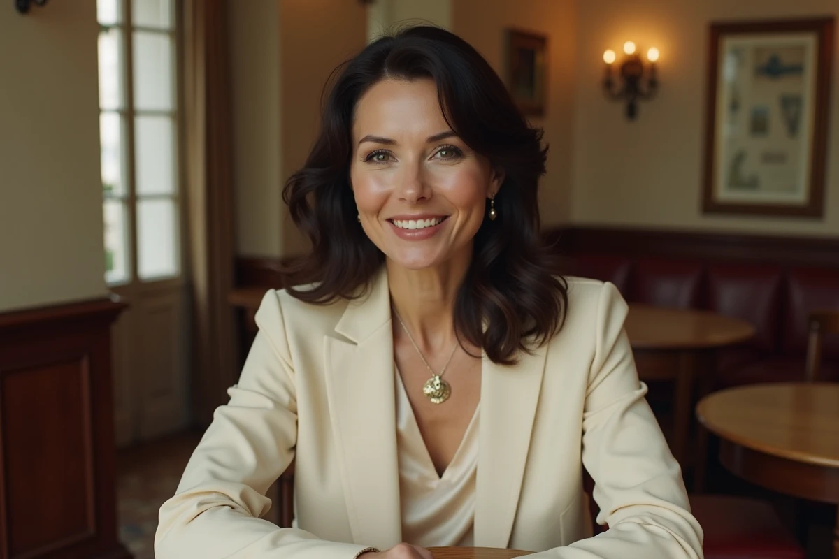 Portrait d'une journaliste élégante en blazer crème assise dans un café parisien au décor vintage avec carrelage et accessoires laiton
