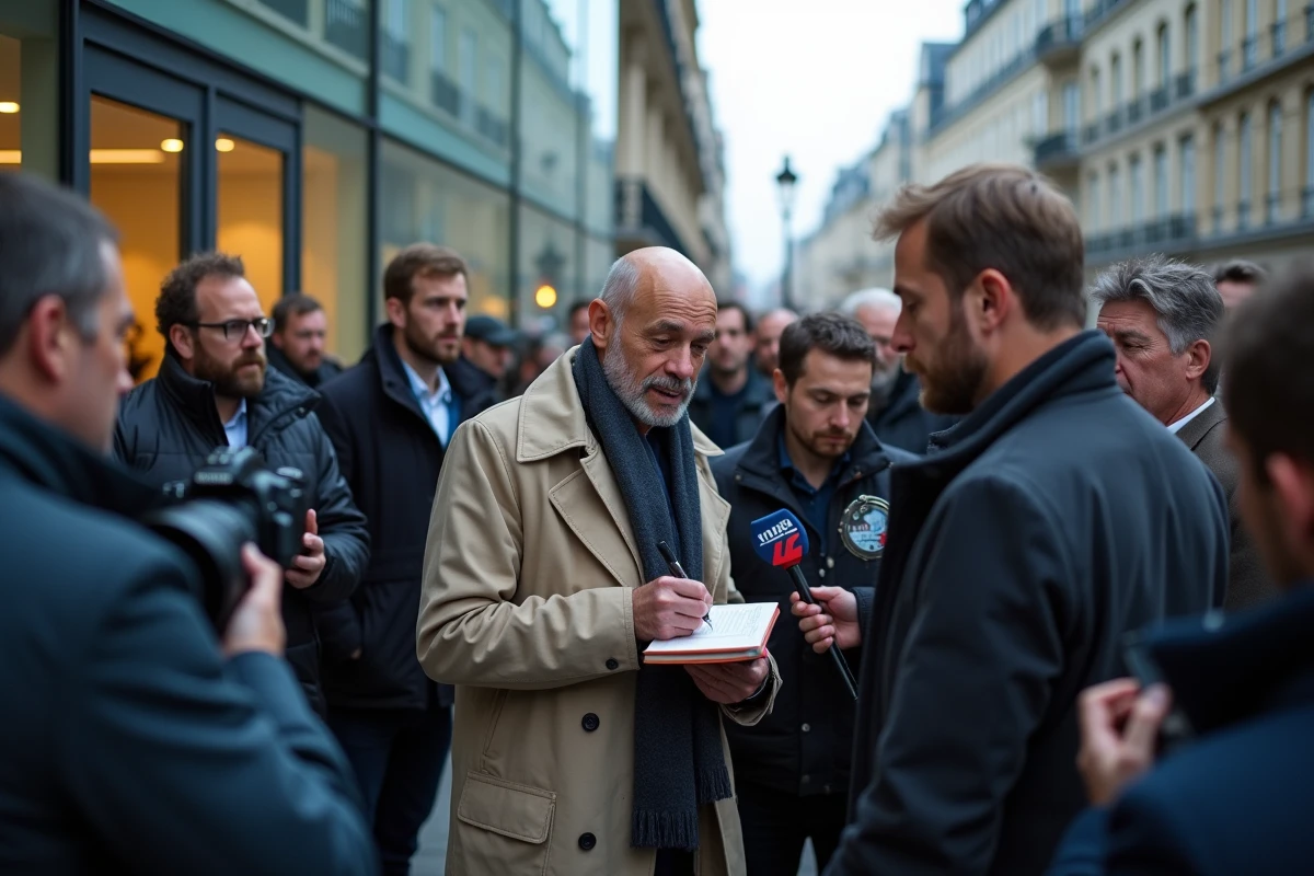 Groupe de journalistes et photographes rassemblés devant un immeuble parisien lors d'une enquête sur des rumeurs de mariage de célébrités