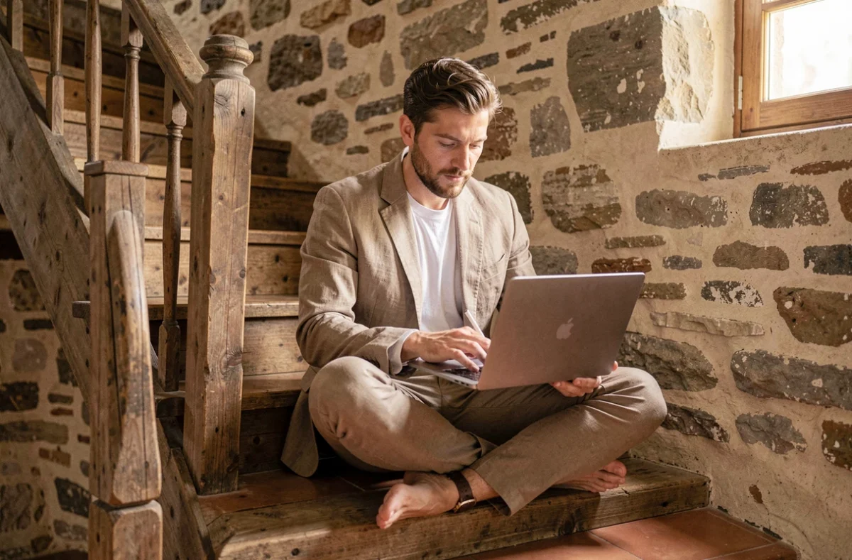 Lmoh, photographe de mariage, retouchant ses photos dans une ferme rénovée de l'Ain