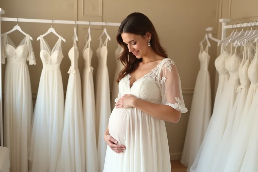 Future mariée enceinte essayant une robe de mariée fluide en dentelle ivoire dans une boutique de location à Strasbourg