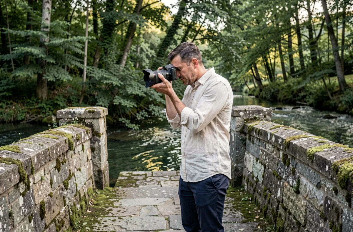 Loïc Cancade, photographe de mariage, sur un pont en pierre dans un cadre naturel de l'Ain