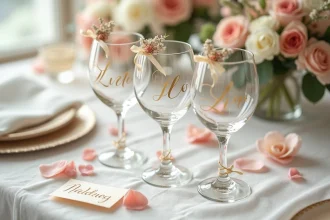 Lunettes coeur mariage personnalisées avec gravure dorée sur nappe en lin blanc, décoration florale séchée et ruban ivoire