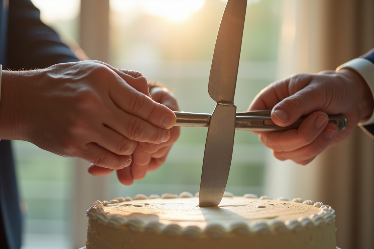 Mains âgées touchant un couteau à gâteau d