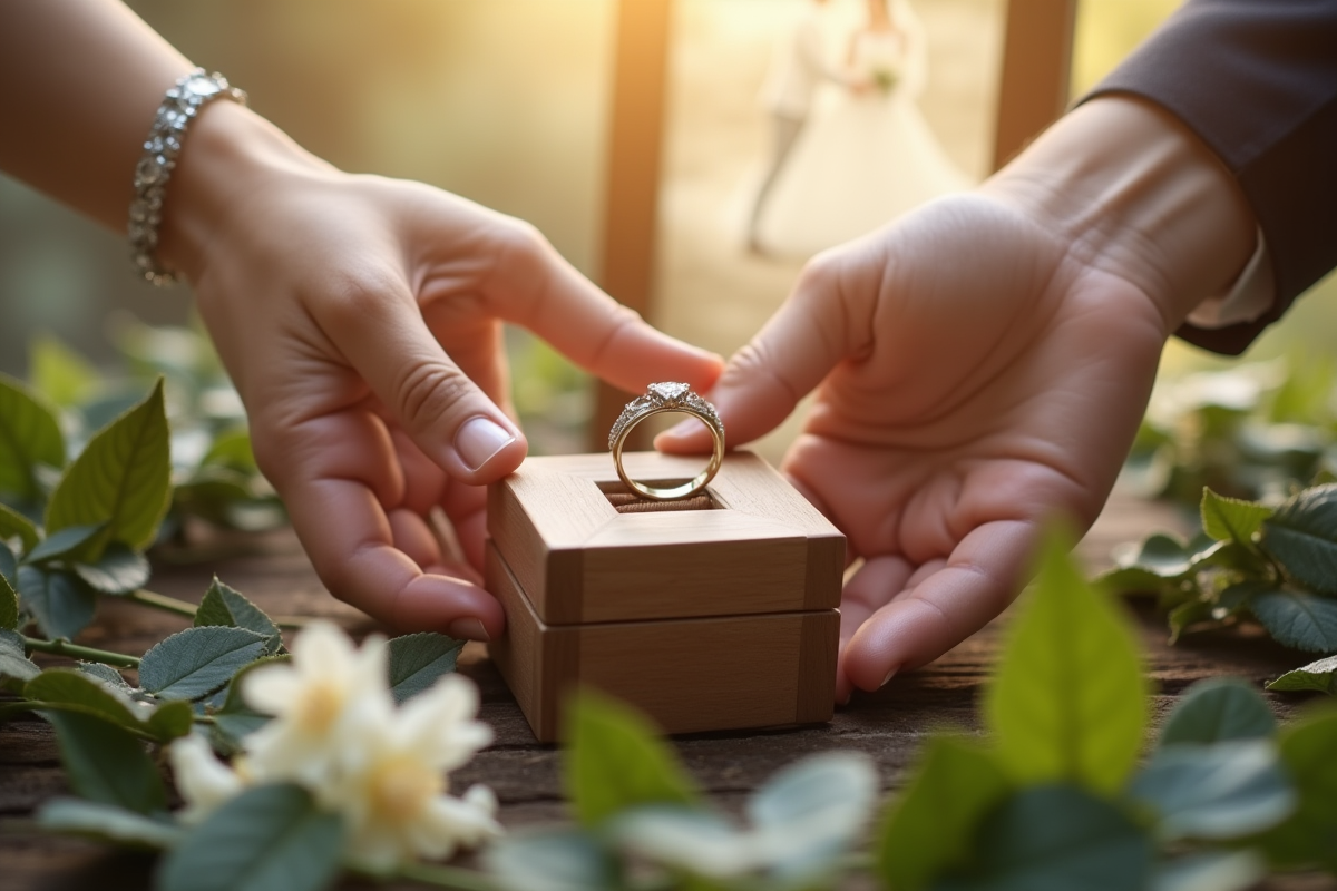 Mains touchant un coffret à alliance en bois entouré de fleurs et de feuilles