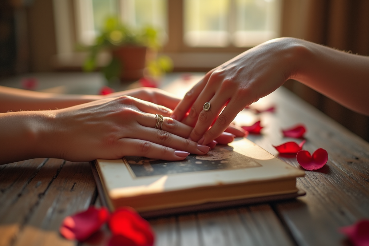 Mains avec bagues de mariage entourées de pétales de rose et album photo