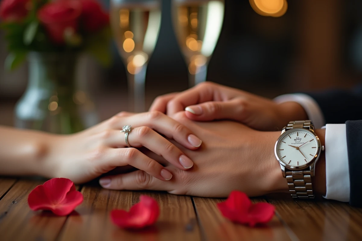Gros plan de deux mains enlacées avec une bague de fiançailles en diamant, symbole de mariage et de rumeurs nuptiales
