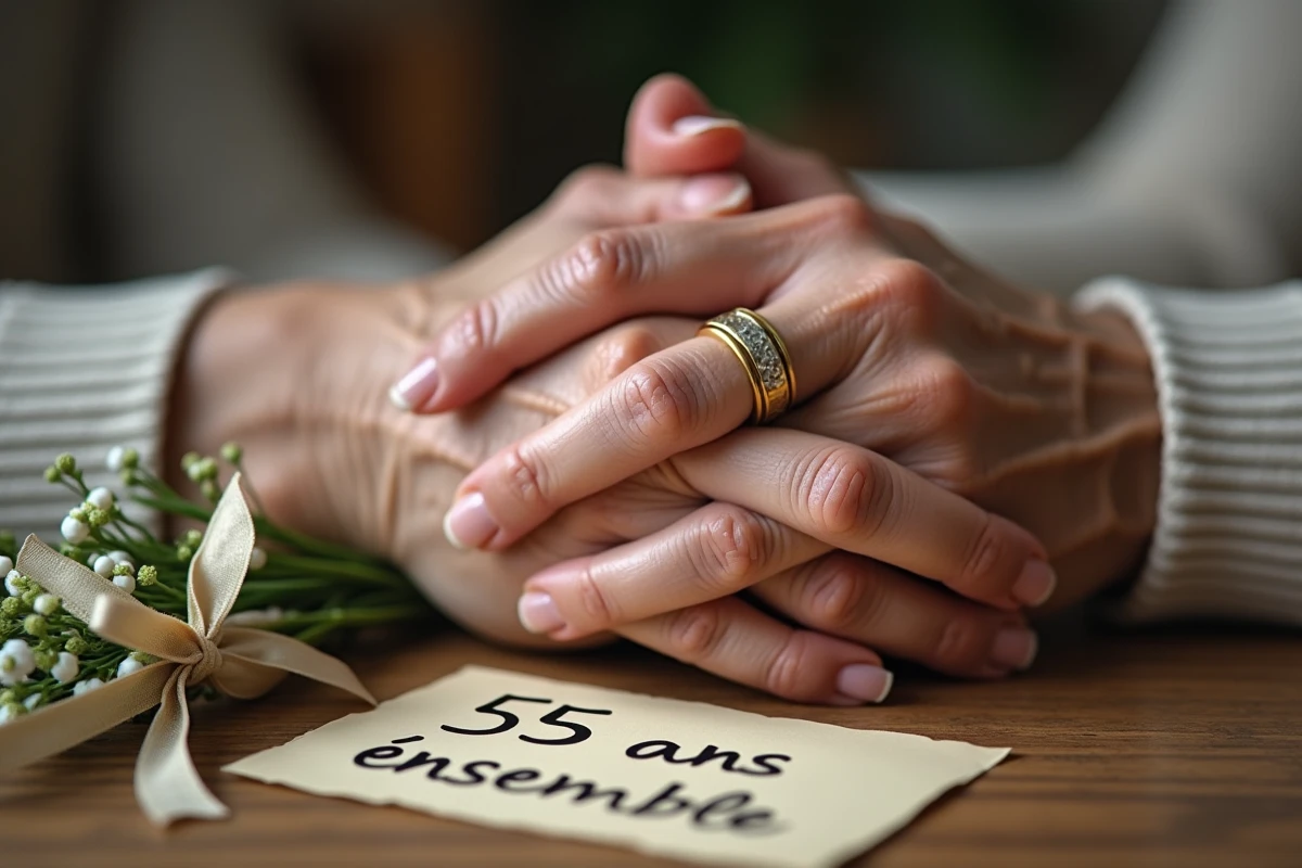 Mains entrelacées de deux époux avec alliance en or symbolisant 55 ans de mariage