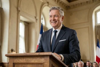 Maire en costume sombre prononçant un discours de mariage à un pupitre dans une salle des fêtes officielle