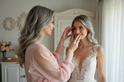 Mère élégante ajustant le voile de sa fille mariée