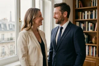 Couple élégant dans un appartement parisien illustrant un article sur le mari de Pauline Sanzey et leur mariage