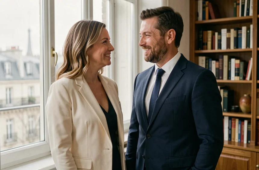 Couple élégant dans un appartement parisien illustrant un article sur le mari de Pauline Sanzey et leur mariage