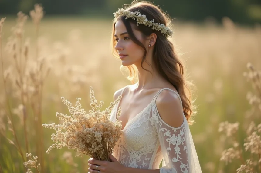 Femme en robe de mariée bohème dans un champ ensoleille