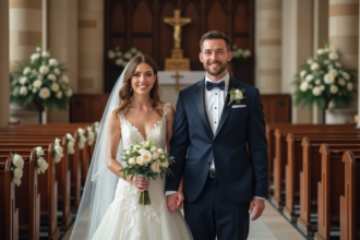 Jeune couple de mariés échangeant leurs vœux dans une église