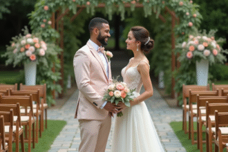 Jeune couple en mariage dans un jardin élégant
