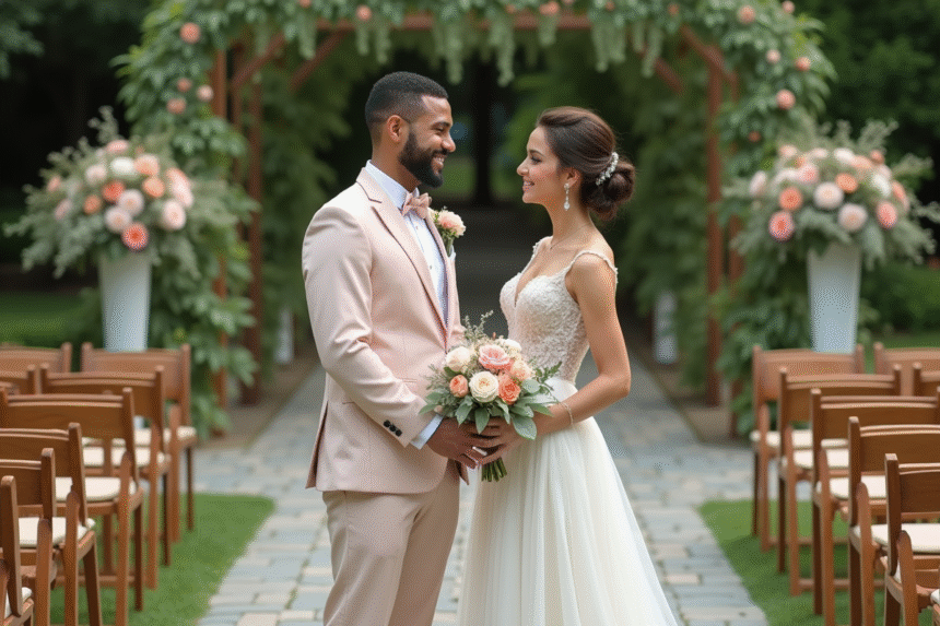 Jeune couple en mariage dans un jardin élégant