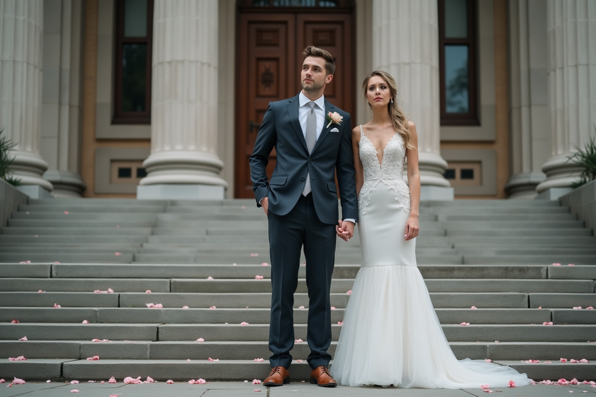 Couple marié posant devant le palais de justice