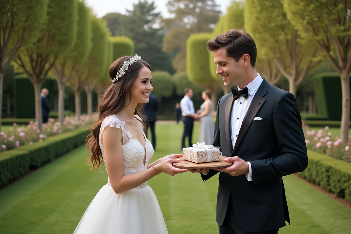 Jeune couple distribuant des cadeaux dans un jardin lors du mariage