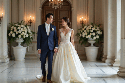 Jeune couple marié en robe ivoire et costume bleu marine lors d'une cérémonie élégante