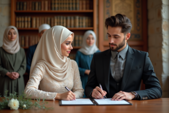 Jeune couple musulman signant un contrat de mariage dans une salle chaleureuse