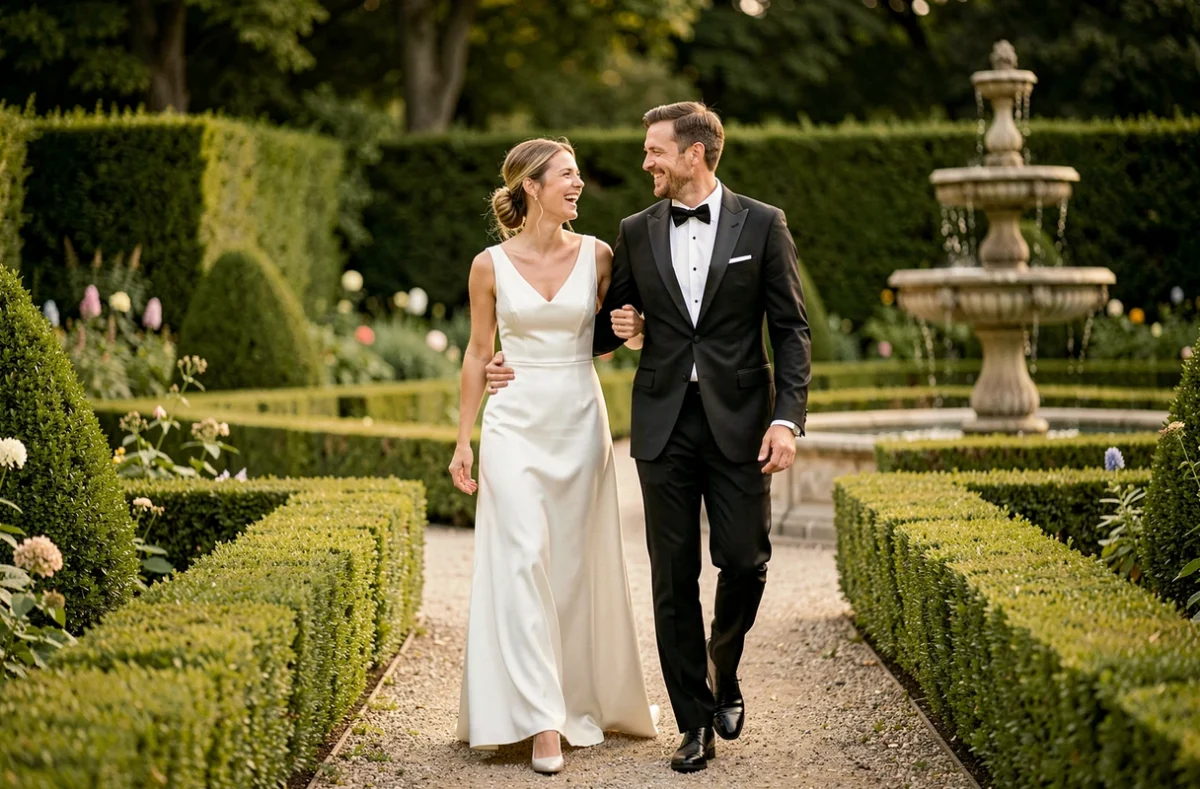 Couple en tenue de mariage dans un jardin élégant évoquant la cérémonie de mariage de Pauline Sanzey