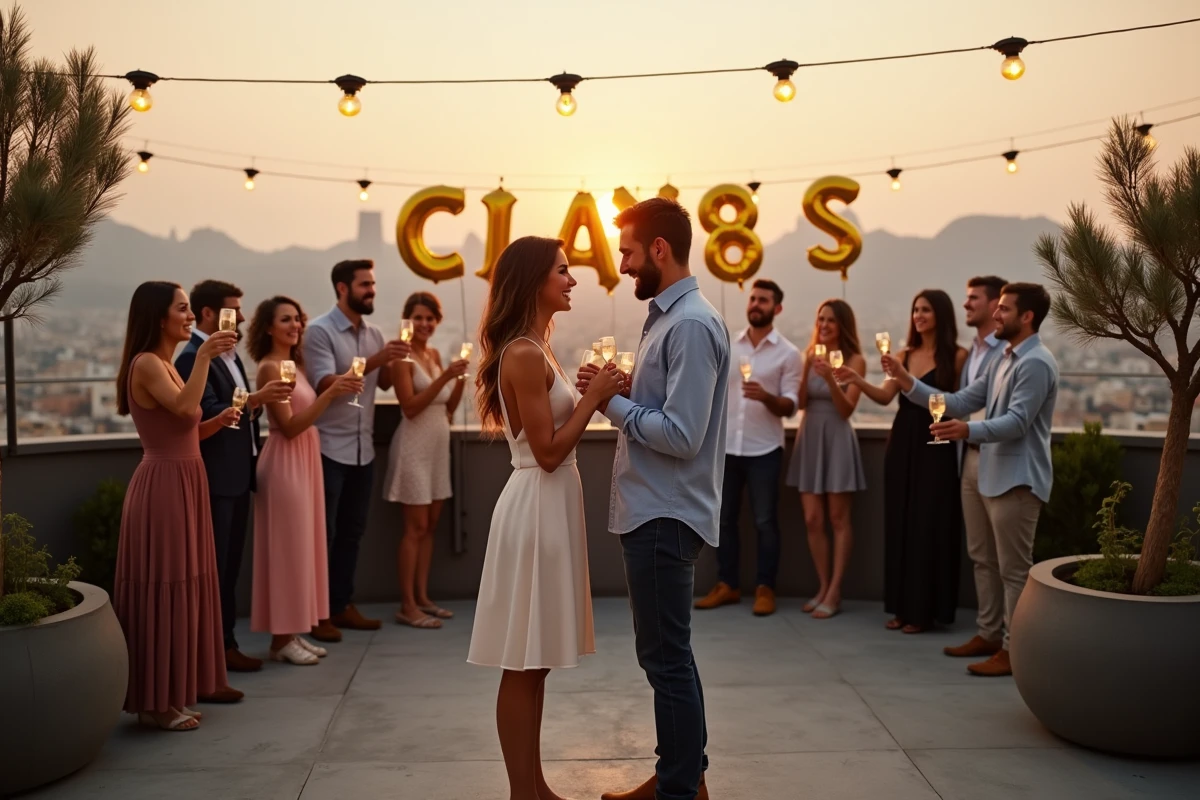 Couple fêtant simultanément une demande en mariage et un anniversaire sur un rooftop avec des amis portant un toast