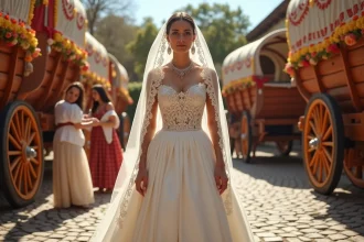 Mariée gitane en robe de mariée traditionnelle élaborée entourée de femmes de la communauté dans une cour ornée de caravanes décorées