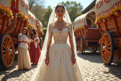 Mariée gitane en robe de mariée traditionnelle élaborée entourée de femmes de la communauté dans une cour ornée de caravanes décorées