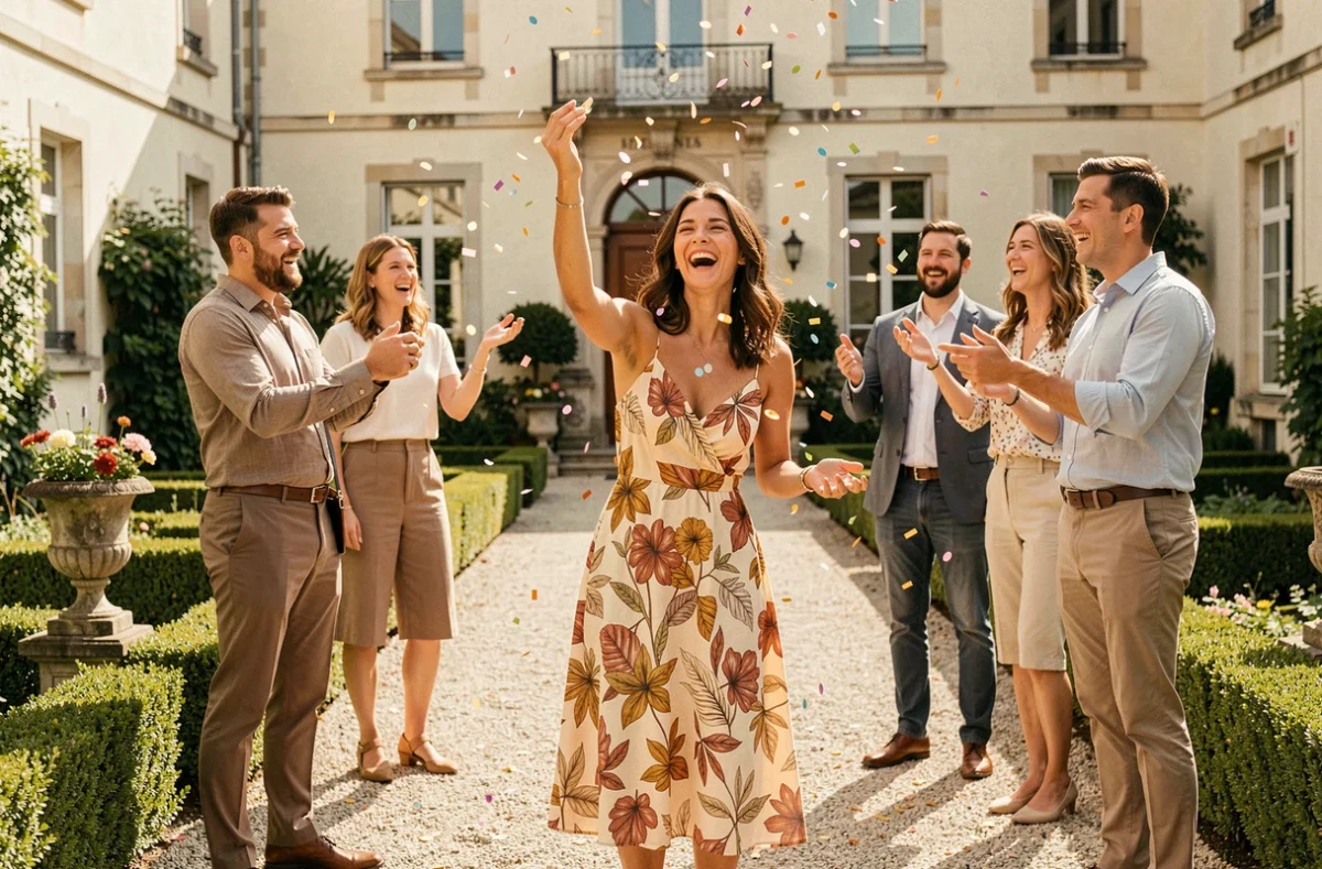 Mariée en robe fleurie terracotta et moutarde lançant des confettis avec ses invités dans la cour d'une mairie lors d'un mariage civil festif