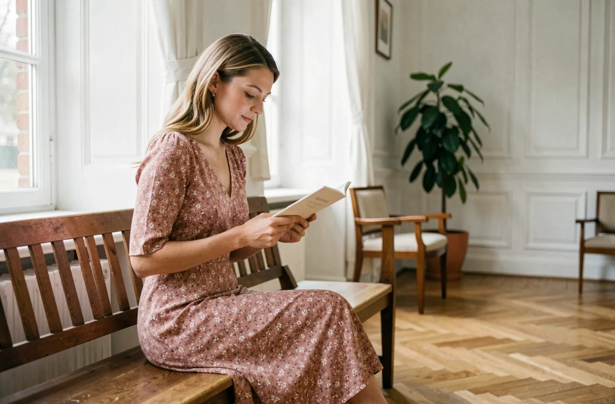 Mariée en robe fleurie rose et blanche assise dans une salle d'attente de mairie avec un livret de famille, look simple et élégant