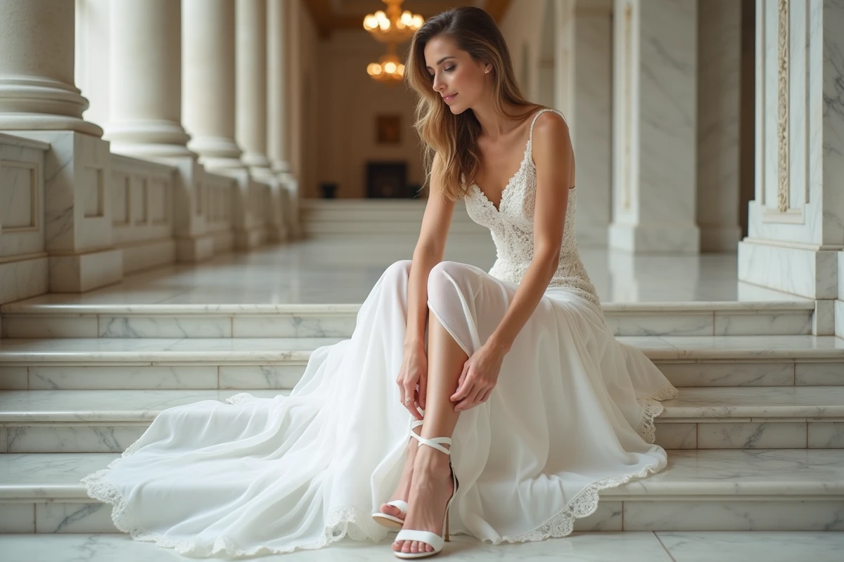Mariée en robe blanche ajustant ses sandales à talons hauts sur un escalier en marbre dans une salle de réception classique