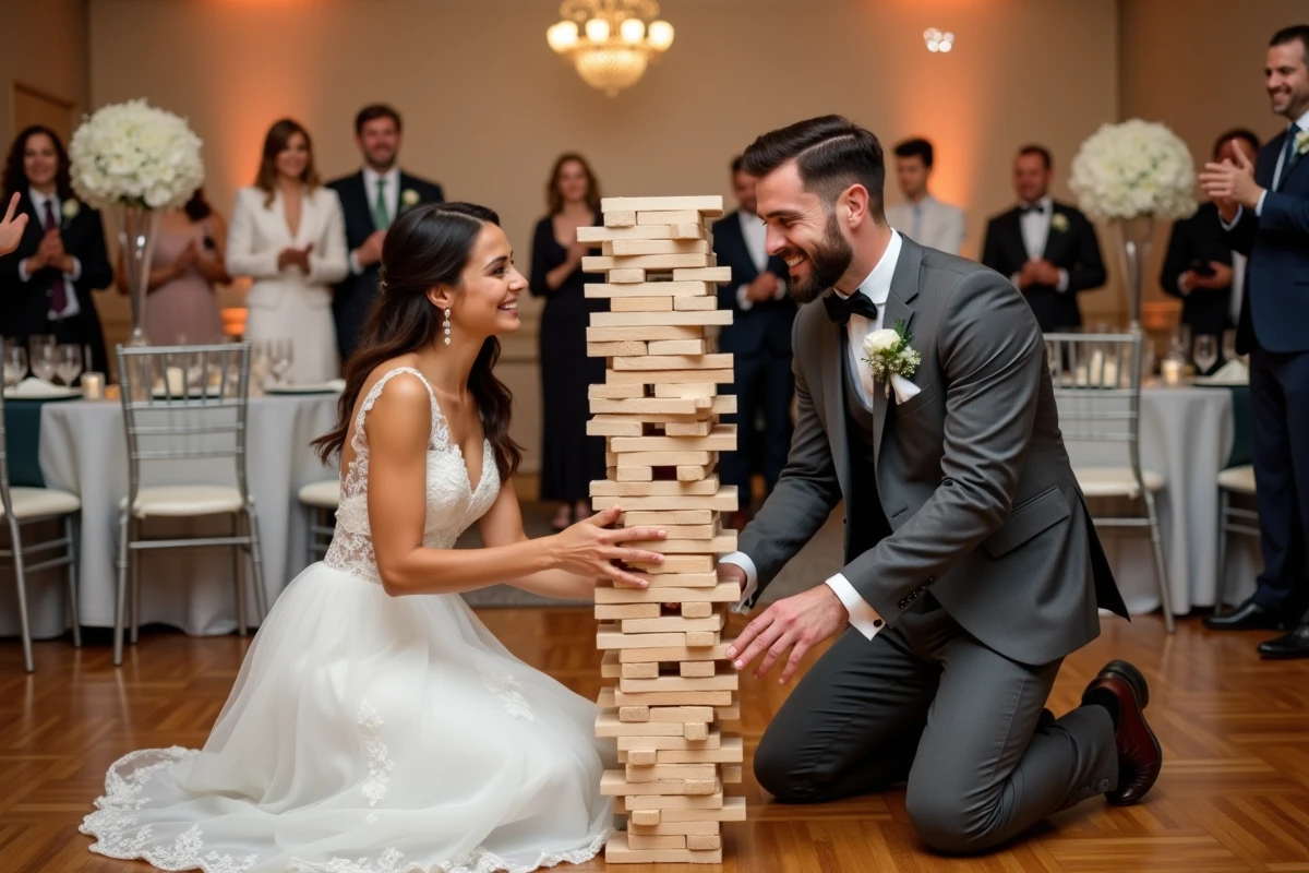 Mariés jouant au Jenga géant entourés d'invités souriants dans une salle de réception décorée