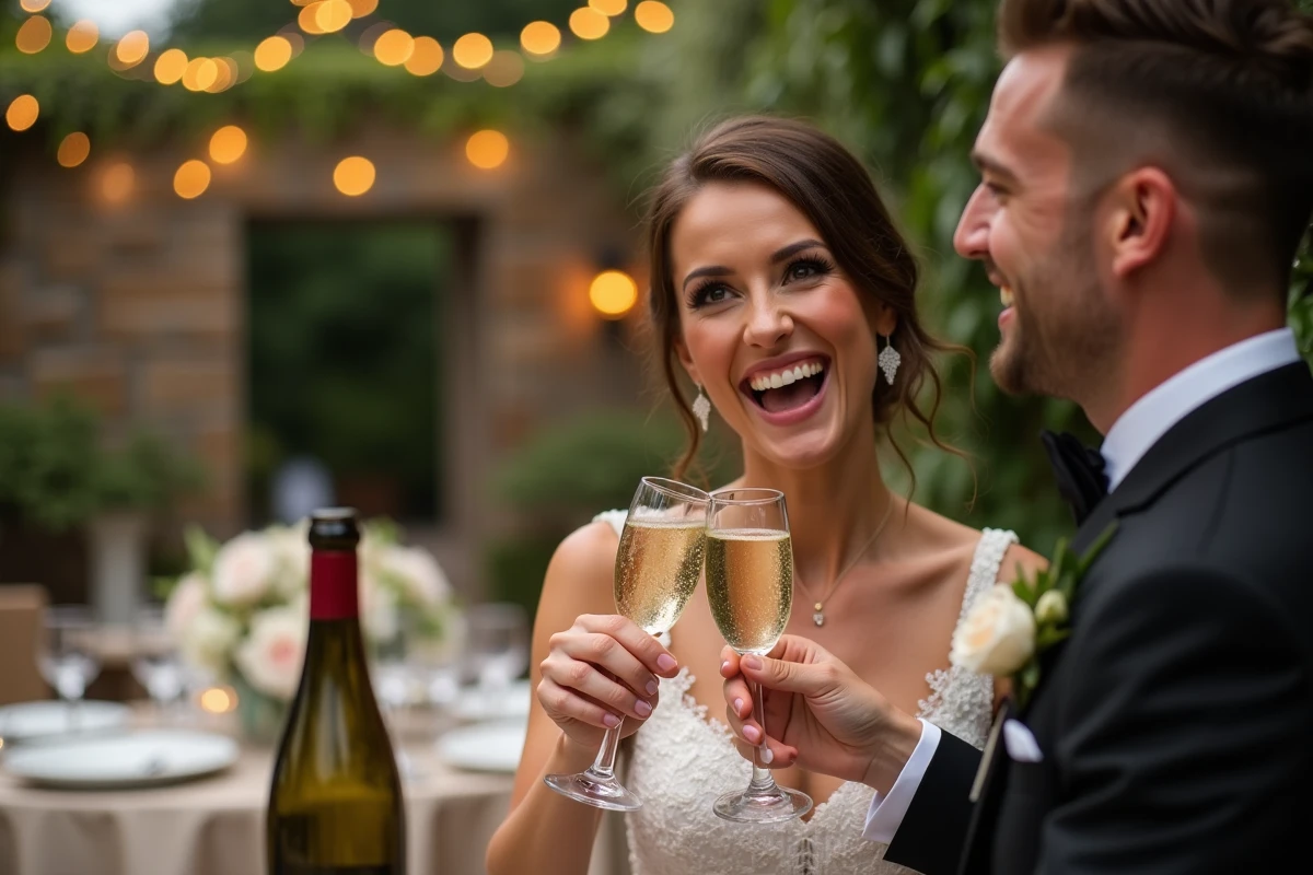 Mariés portant un toast avec des lunettes coeur en cristal lors d'une réception de mariage en plein air dans un jardin fleuri