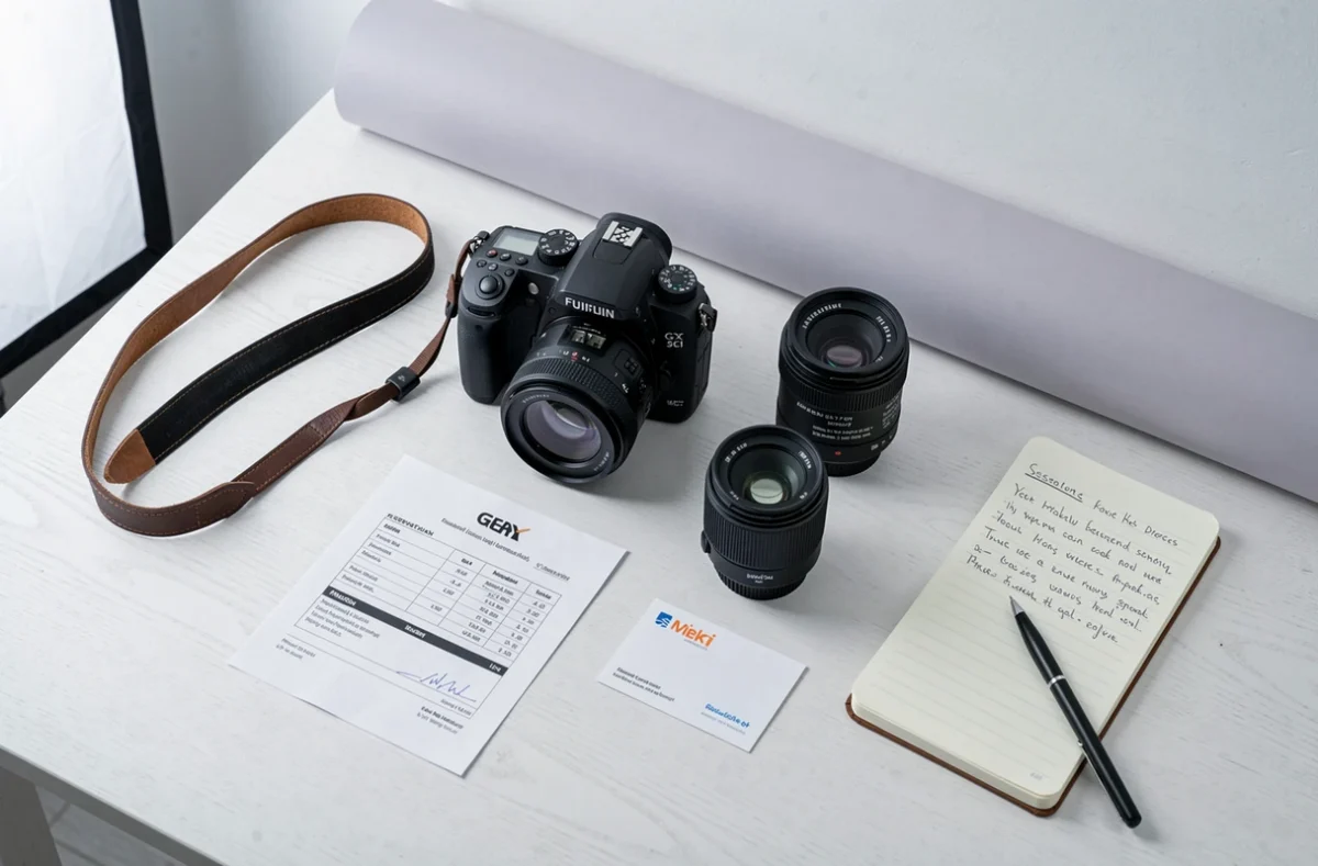 Matériel photo professionnel et devis posés sur une table dans un studio à Chaville