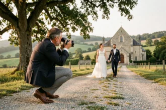 Photographe de mariage professionnel en action dans un domaine champêtre de l'Ain, capturant un couple de mariés