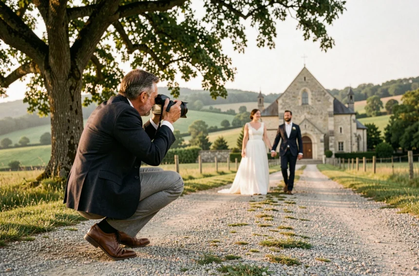 Photographe de mariage professionnel en action dans un domaine champêtre de l'Ain, capturant un couple de mariés
