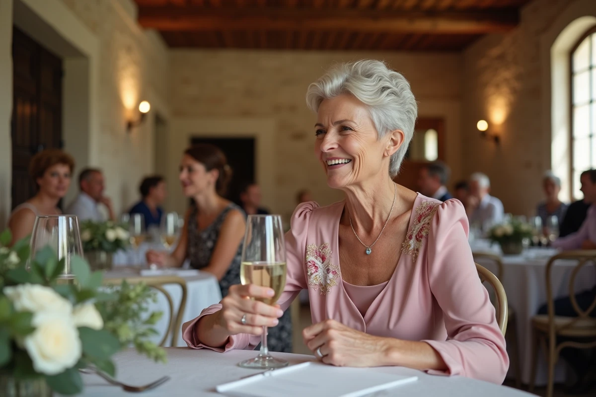 Mère souriante portant un toast lors d'un discours émouvant à un petit mariage intime en intérieur