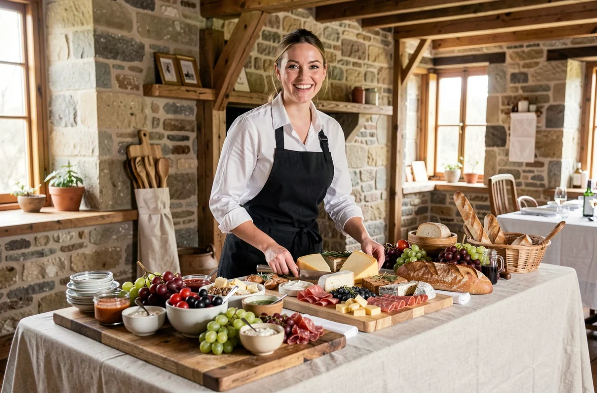 Prestataire du traiteur Midi Moins Le Quart présentant une table de cocktail mariage avec planches de charcuterie et fromages dans une ferme rénovée