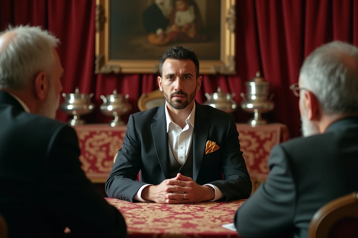 Marié gitan en costume sombre lors d'une discussion de dot avec des anciens de la communauté autour d'une table décorée