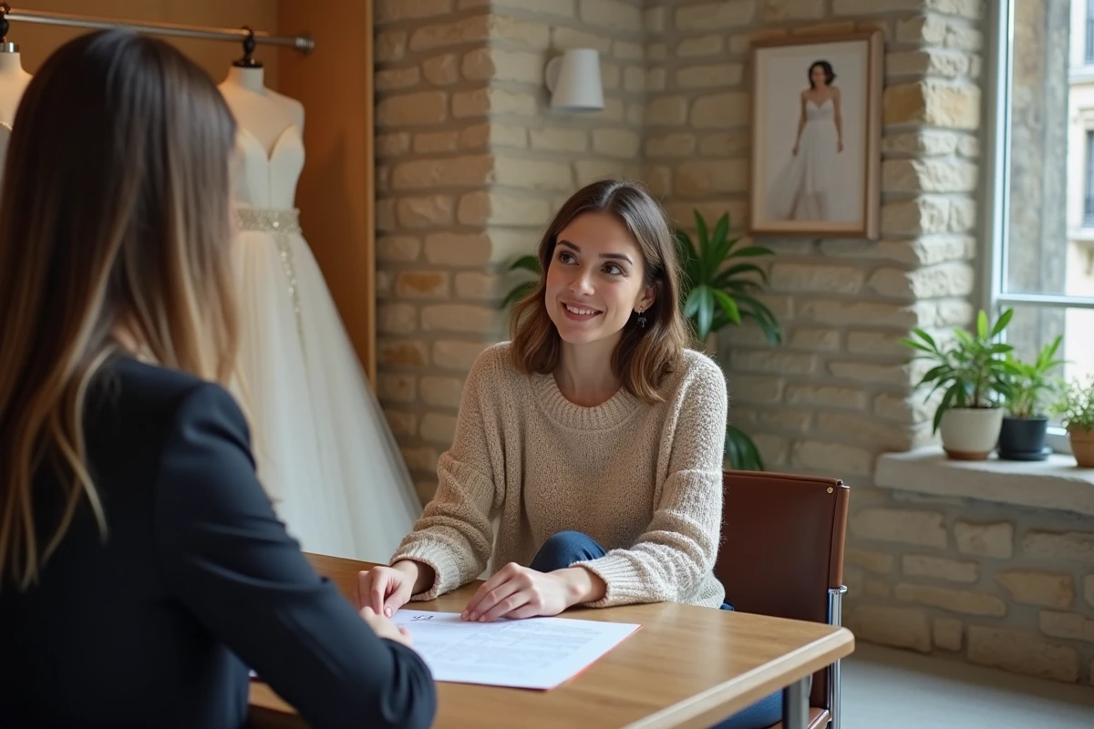 Femme négociant le prix d'une robe de mariée avec une vendeuse dans une boutique lyonnaise