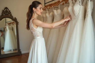 Jeune femme examinant une robe de mariée dans une boutique de Lyon à petit budget