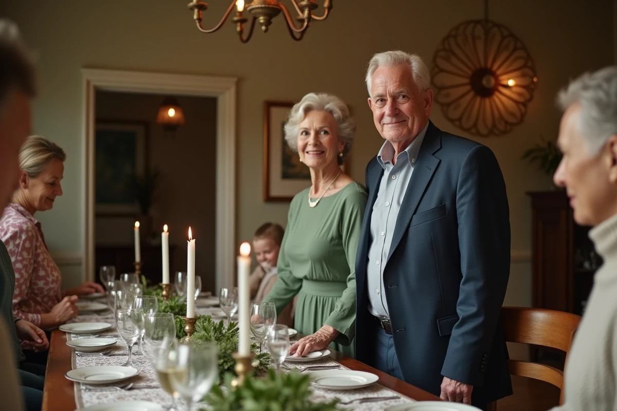 Couple de septuagénaires entouré de leur famille lors d'un repas d'anniversaire de noces d'émeraude