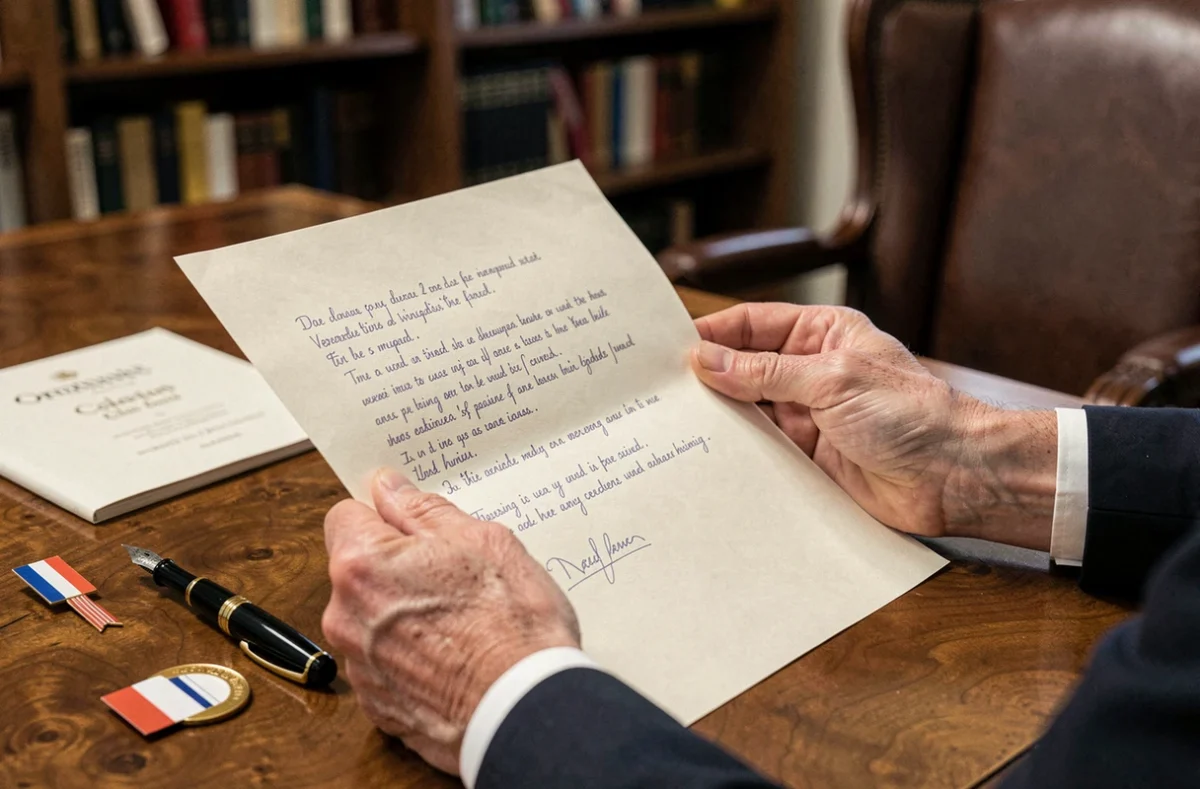 Gros plan sur des notes manuscrites pour un discours de mariage posées sur un bureau de mairie avec un stylo plume